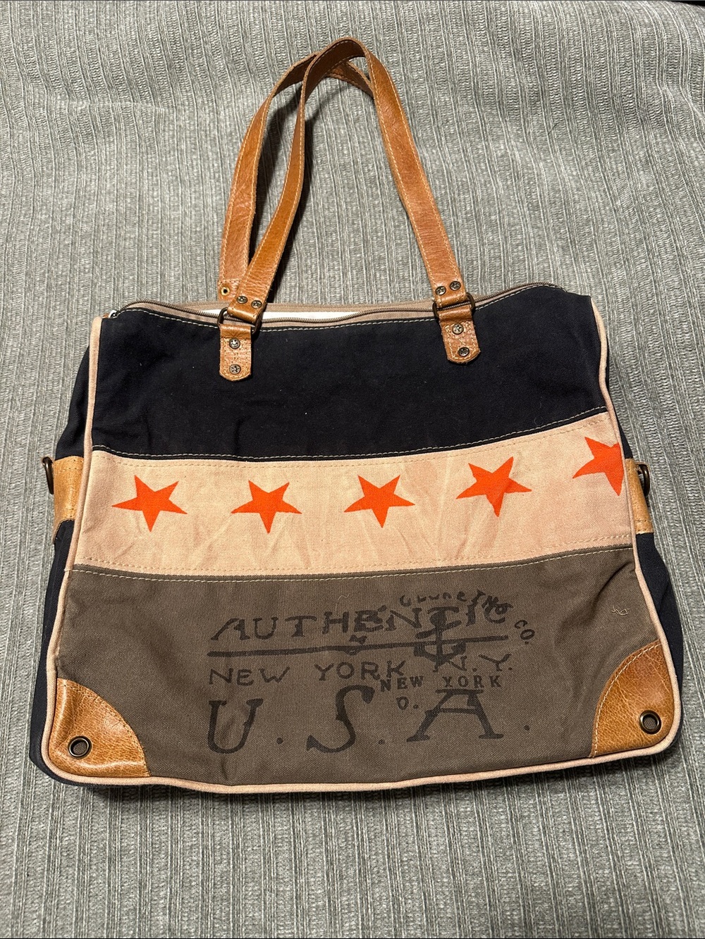 Canvas Star Accent Tote Bag in Black, Tan & Brown